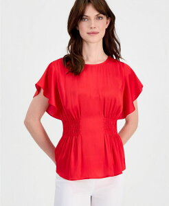 �A���N���C�� ���f�B�[�X �g�b�v�X �V���c �V���[�����O Anne Klein Women's Flutter-Sleeve Smocked-Waistop Begonia Red ���b�h