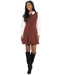 �����h���^�C���X ���f�B�[�X �g�b�v�X �����s�[�X �v���[�c �~�j London Times Women's Colla red Pleated Mini Dress Dark Brown �u���E��