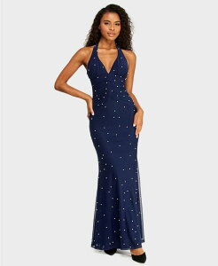 �r�[�_�[���� ���f�B�[�X �g�b�v�X �����s�[�X �M���U�[ ���b�V�� �z���^�[ B Darlin Juniors' Halter Mesh and Imitation Pearl Gown with Ruched Bodice Navy/Pearl �p�[��