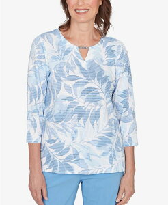 �A���t���b�h �_�i�[ ���f�B�[�X �g�b�v�X �V���c �v�` �v�����g Alfredunner Petite St. Augustine Monotone Leaf Print Split Neck Top Wedgewood