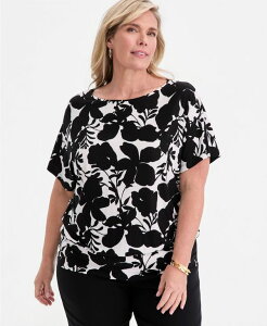 �W�F�C�G���R���N�V���� ���f�B�[�X �g�b�v�X �V���c �v�����g ���� �j�b�g JM Collection Women's Printed Banded-Hem Short-Sleeve Knitop Deep Black �u���b�N