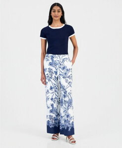 �e�B�[�E�^�n�� ���f�B�[�X �{�g���X �J�W���A���p���c �v�����g Tahari Women's Printed Wide-Leg Pull-On Pants Navy Bloom �l�C�r�[