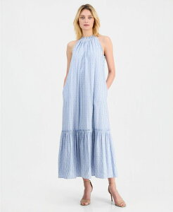 �e�B�[�E�^�n�� ���f�B�[�X �g�b�v�X �����s�[�X A ���C�� �}�L�V �z���^�[ Tahari Women's Halter Neck A-Line Maxi Dress White/Blue Stripe �z���C�g