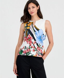 �e�B�[�E�^�n�� ���f�B�[�X �g�b�v�X �V���c �v�����g �m�[�X���[�u Tahari Women's Printed Split-Neck Sleeveless Top Tropical Swirl