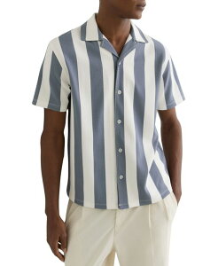 ���C�X �����Y �g�b�v�X �V���c REISS Men's Dexter Block Stripe Cuban Shirt Airforce Blue Off White �I�t�z���C�g