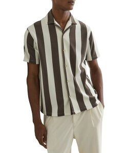 ���C�X �����Y �g�b�v�X �V���c REISS Men's Dexter Block Stripe Cuban Shirt Brown Off White �I�t�z���C�g