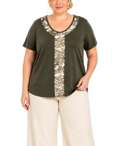 �R�C�� 1804 ���f�B�[�X �g�b�v�X �V���c �v���X�T�C�Y ���b�V�� ���� COIN 1804 Plusize Python Mesh Inset Short-Sleeve Top Olive �I���[�u
