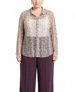 �R�C�� 1804 ���f�B�[�X �g�b�v�X �V���c �v���X�T�C�Y ���b�V�� COIN 1804 Plusize Python Mesh Button-Front Shirt Ivory Mauve �A�C�{���[