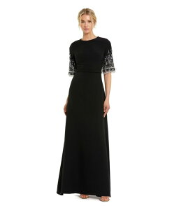 �}�b�N�_�K�� ���f�B�[�X �g�b�v�X �����s�[�X �N���[�v A ���C�� �v�` Mac Duggal Petite Crepe A Line Gown With Beaded 3/4 Sleeves Black �u���b�N