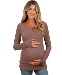 �s���N�u���b�V�� ���f�B�[�X �g�b�v�X �V���c ���u �j�b�g Pinkblush Women's Brown Ribbed Knit Long Sleeve Lettuce Hem Top Brown �u���E��