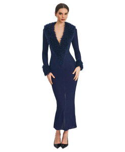 �~�X�T�[�N�� ���f�B�[�X �g�b�v�X �����s�[�X �}�L�V Miss Circle Women's Romina Plunging Fur Trimmed Crochet Maxi Dress Navy �l�C�r�[