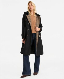 �����h���t�H�O ���f�B�[�X �A�E�^�[ �R�[�g London Fog Women's Plaid-Collar Belted Trench Coat Created for Macy's BLACK �u���b�N