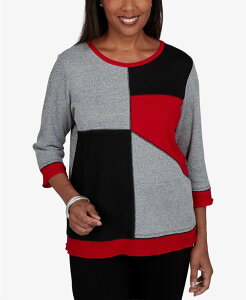 �A���t���b�h �_�i�[ ���f�B�[�X �g�b�v�X �V���c �v�` �J���[�u���b�N �j�b�g Alfredunner Petite Classic Heathe red Colorblock 3/4-Sleeve Knitop Gray �O���[