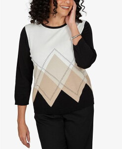 �A���t���b�h �_�i�[ ���f�B�[�X �A�E�^�[ �j�b�g�E�Z�[�^�[ �v�` Alfredunner Petite Classic Argyle Beaded 3/4-Sleeve Sweater Black �u���b�N