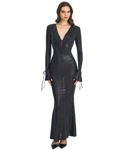 �~�X�T�[�N�� ���f�B�[�X �g�b�v�X �����s�[�X V�l�b�N �}�L�V Miss Circle Women's Ilysia Black V-Neck Plunge Snakeskin Mermaid Hemaxi Dress Black �u���b�N