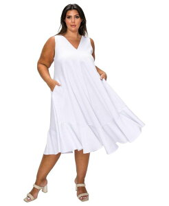 ���u�h ���f�B�[�X �g�b�v�X �����s�[�X �v���X�T�C�Y �m�[�X���[�u L I V D Plusize Simone Sleeveless Pocket Flare Dress White �z���C�g