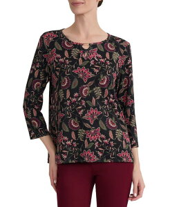 �W���[���Y�j���[���[�N ���f�B�[�X �g�b�v�X �V���c �t�����[�� �v�����g �t�����[ Jones New York Women's Floral-Print Keyhole Neck 3/4-Sleeve Top Jones Black Multi �u���b�N