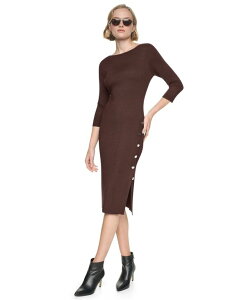 �_�i �L������ �j���[���[�N ���f�B�[�X �g�b�v�X �����s�[�X ���u �j�b�g DKNY Women's Boat Neck Ribbed-Knit 3/4-Sleeve Dress Chocolate Plum �v����