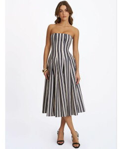 �~�X�T�[�N�� ���f�B�[�X �g�b�v�X �����s�[�X �~�f�B �X�g���b�v���X ���l�� Miss Circle Women's Wyanne Linen-Blend Striped Strapless Midi Dress Black and white stripe �z���C�g