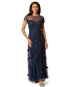 �A�h���A�i �p�y�� ���f�B�[�X �g�b�v�X �����s�[�X �N���[�l�b�N Adrianna Papell Women's Crew Neck Beaded 3D Petal Gow nAVY �l�C�r�[