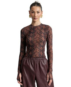 �A���F�b�N���t�B�[�� ���f�B�[�X �g�b�v�X �V���c �v�����g ���b�V�� ���� Avec Les Filles Women's Printed Long-Sleeve Mesh Top Brown/black/python �u���b�N