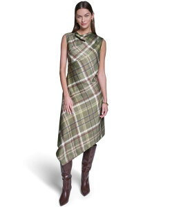 �z���X�g���w���e�C�W ���f�B�[�X �g�b�v�X �����s�[�X �A�V�����g���[ �~�f�B Halston Women's Cowl Neck Plaid Asymmetrical Midi Dress Pesto �`�F�b�N
