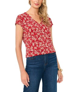 ���B���X�J���[�g ���f�B�[�X �g�b�v�X T�V���c V�l�b�N �t�����[�� ���� �t�����[ Vince Camuto Women's Floral V-Neck Short-Sleeve T-Shirt Created for Macy's Dahlia Red ���b�h