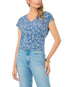 ���B���X�J���[�g ���f�B�[�X �g�b�v�X T�V���c V�l�b�N �t�����[�� ���� �t�����[ Vince Camuto Women's Floral V-Neck Short-Sleeve T-Shirt Created for Macy's Denim Navy �l�C�r�[