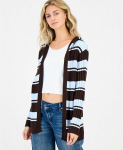 �}�b�f���K�[�� ���f�B�[�X �A�E�^�[ �j�b�g�E�Z�[�^�[ ���u �J�[�f�B�K�� Madden Girl Juniors' Open-Front Hooded Ribbed Cardigan Brown & Blue Stripe �u���[