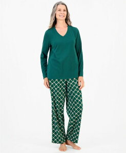 �`���[�^�[�N���u ���f�B�[�X �A���_�[�E�F�A �i�C�g�E�F�A V�l�b�N �R�b�g�� Charter Club Women's Cotton-Blend Long Sleeve V-Neck Pajama Pant Set Macy's Exclusive Festive Trellis