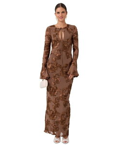 ���C�`�F�� ���C ���f�B�[�X �g�b�v�X �����s�[�X �t�����[�� �~�f�B ���� �t�����[ RACHEL Roy Women's Juliet Soutache Midi Keyhole Floralong-Sleeve Midi Dress Umber