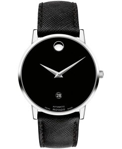 oh fB[X rv ANZT[ Men's Swiss Automatic Museum Black Calfskin Leather Strap Watch 40mm Silver