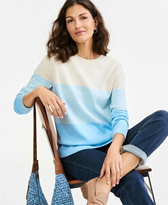 �X�^�C���A���h�R�[ ���f�B�[�X �A�E�^�[ �j�b�g�E�Z�[�^�[ �R�b�g�� �J���[�u���b�N Style & Co Women's Cotton Colorblocked Curved-Hem Sweater, Macy's Exclusive Palomino