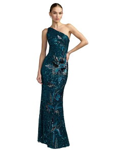 �y���������z �}�b�N�_�K�� ���f�B�[�X �����s�[�X �g�b�v�X Petite One-Shoulder Floral Sequin Evening Gown Teal