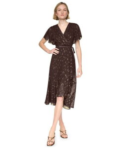 �_�i �L������ �j���[���[�N ���f�B�[�X �g�b�v�X �����s�[�X V�l�b�N �t���� �~�f�B DKNY Women's Flutter-Sleeve Ruffle V-Neck Midi Dress Chocolate Plum/Gold �v����