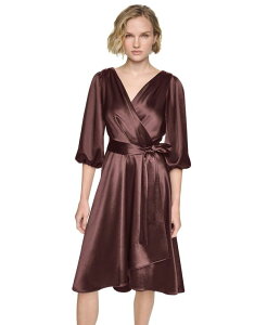 �_�i �L������ �j���[���[�N ���f�B�[�X �g�b�v�X �����s�[�X �T�e�� DKNY Women's Balloon-Sleeve Satin Faux-Wrap Dress Chocolate Plum �v����