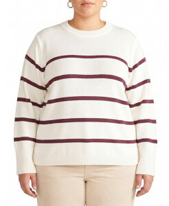 �y���������z ���j�o�[�T�� �X�^���_�[�h ���f�B�[�X �j�b�g�E�Z�[�^�[ �A�E�^�[ Plus Size Bardot Striped Wide Sleeve Cotton Sweater Cream/acai stripe