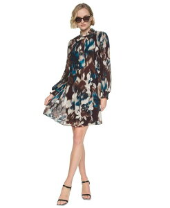 �y���������z �_�i �L������ �j���[���[�N ���f�B�[�X �����s�[�X �g�b�v�X Women's Long-Sleeve Pleated Tie Neck Floral Shift Dress Chocolate Plum Multi