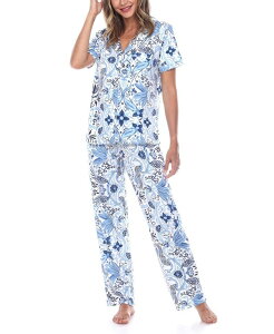 �z���C�g�}�[�N ���f�B�[�X �{�g���X �J�W���A���p���c �p���c White Mark Women's Short Sleeve Pants Tropical Pajama Set 2-Piece White Blue �z���C�g