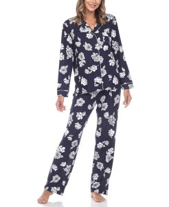 �z���C�g�}�[�N ���f�B�[�X �A���_�[�E�F�A �i�C�g�E�F�A �t�����[�� �t�����[ White Mark Women's Long Sleeve Floral Pajama Set 2-Piece Navy �l�C�r�[