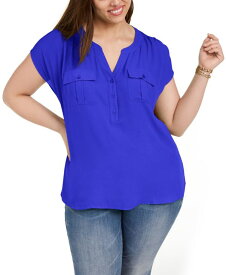 アイエヌシーインターナショナルコンセプト レディース シャツ トップス Plus Size Woven-Front V-Neck Top Goddess Blue