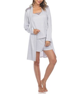 �z���C�g�}�[�N ���f�B�[�X �A���_�[�E�F�A �i�C�g�E�F�A White Mark Women's 3 Piece Striped Pajama Robe Set Gray �O���[