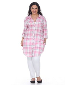�z���C�g�}�[�N ���f�B�[�X �g�b�v�X �V���c �v���X�T�C�Y White Mark Plus Piper Stretchy Plaid Tunic Pink White �z���C�g