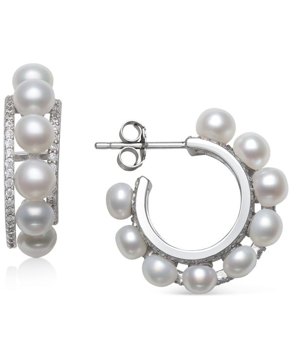 ベル ドゥ メール レディース ピアス・イヤリング アクセサリー Cultured Freshwater Button Pearl (4mm)  Cubic Zirconia Small Hoop Earrings in Sterling Silver Sterling Silver