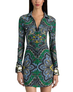 �A���X�A���h�I���r�A ���f�B�[�X �g�b�v�X �V���c �~�j Alice and Olivia Freya Fitted Mini Shirtdress Bon Voyage Deep Emerald �G�������h