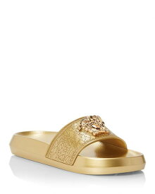 【送料無料】 ヴェルサーチ レディース サンダル シューズ Women's Embellished Logo Slide Sandals Gold