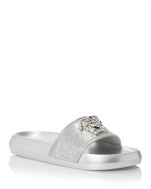 【送料無料】 ヴェルサーチ レディース サンダル シューズ Women's Embellished Logo Slide Sandals Silver