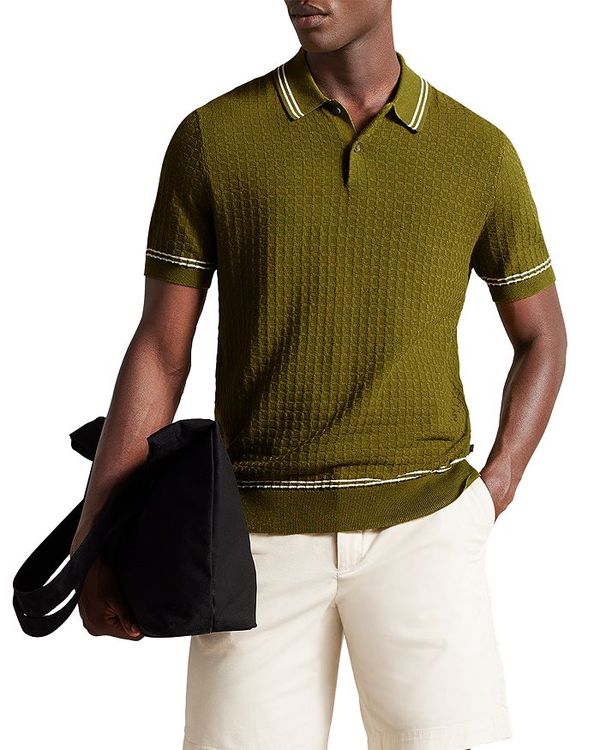  テッドベーカー メンズ ポロシャツ トップス Maytain Cotton, Nylon,  Silk Textured Knit Regular Fit Polo Shirt Olive