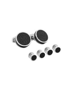 ^eIVA Y ANZT[ JtX{^ Tateossian Rhodium Plated Round Stud & Cufflink Set Black/Silver ubN