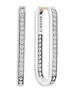 ���S�X ���f�B�[�X �A�N�Z�T���[ �s�A�X�E�C�������O LAGOS 14K Yellow Gold & Sterling Silver Caviar Spark Diamond Medium Oval Hoop Earrings Silver �V���o�[
